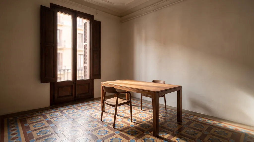 Editorial photograph of an empty meeting corner in a Barcelona modernista office with patterned hydraulic tiles, a tall shuttered balcony window, a plain walnut table and two empty chairs, no people and no signage