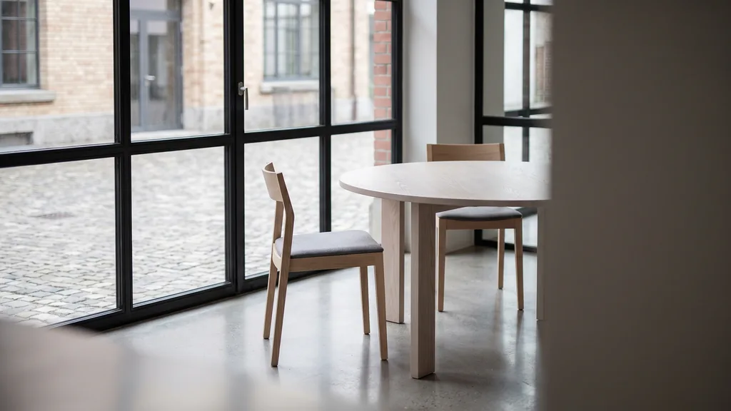 Editorial photograph of an empty meeting corner in a converted Zurich industrial building with polished concrete floor, black steel-framed windows, a pale ash table and two empty chairs, no people and no signage