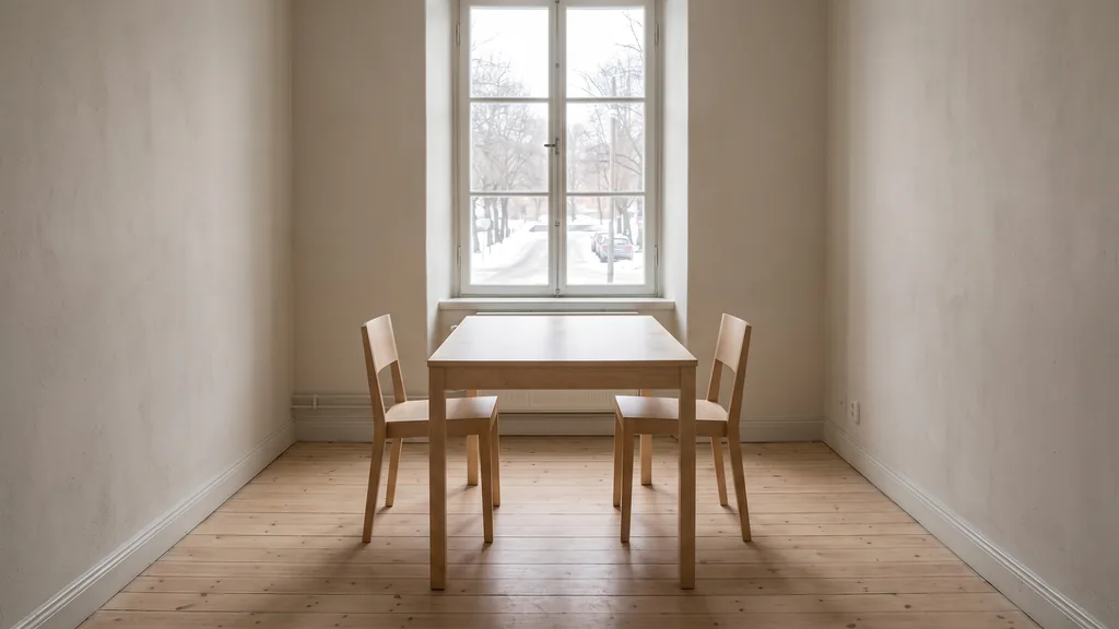 Editorial photograph of an empty meeting corner in a Stockholm office with wide pine floorboards, soft white walls, a plain birch table and two empty chairs by a tall window, no people and no signage