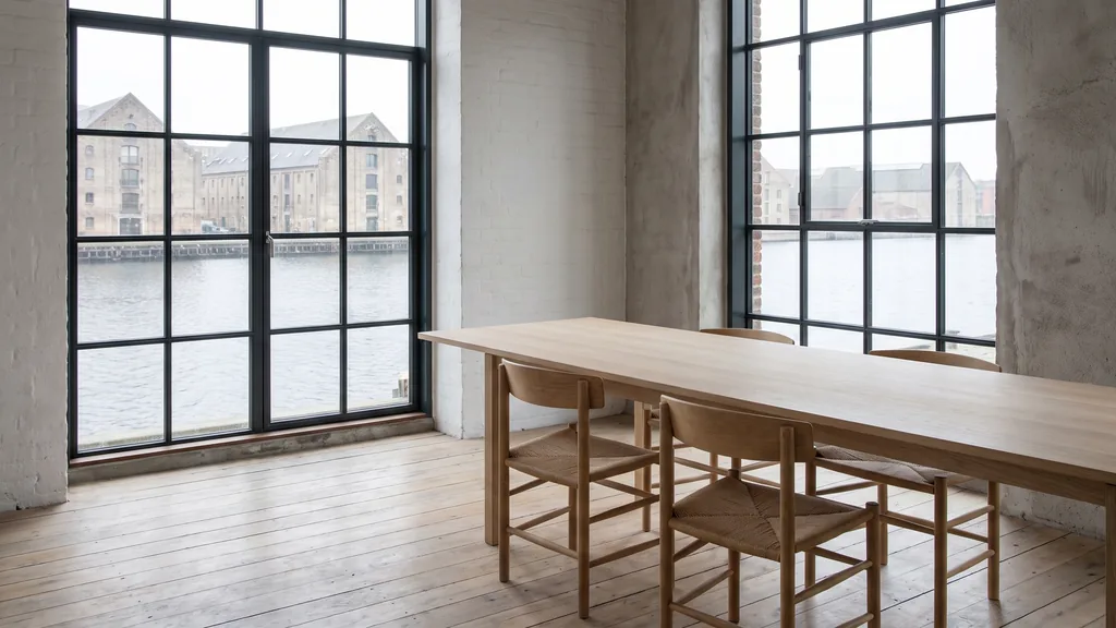 Editorial photograph of an empty meeting corner in a Copenhagen harbour warehouse office with pale oak floorboards, tall black-framed windows over grey water, a plain oak table and empty chairs, no people and no signage