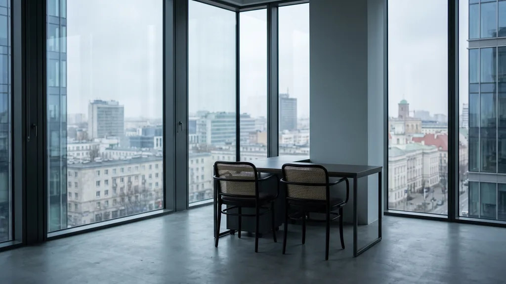 Editorial photograph of an empty workspace corner in a Warsaw glass tower with a matte grey floor, floor-to-ceiling window over the city skyline, a slim dark table and two empty chairs, no people and no signage