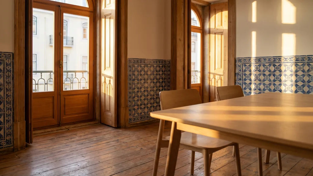Editorial photograph of an empty meeting corner in a restored Lisbon pombaline building with blue azulejo tiles, worn wooden floorboards, a plain light table and two empty chairs by a balcony window, no people and no signage