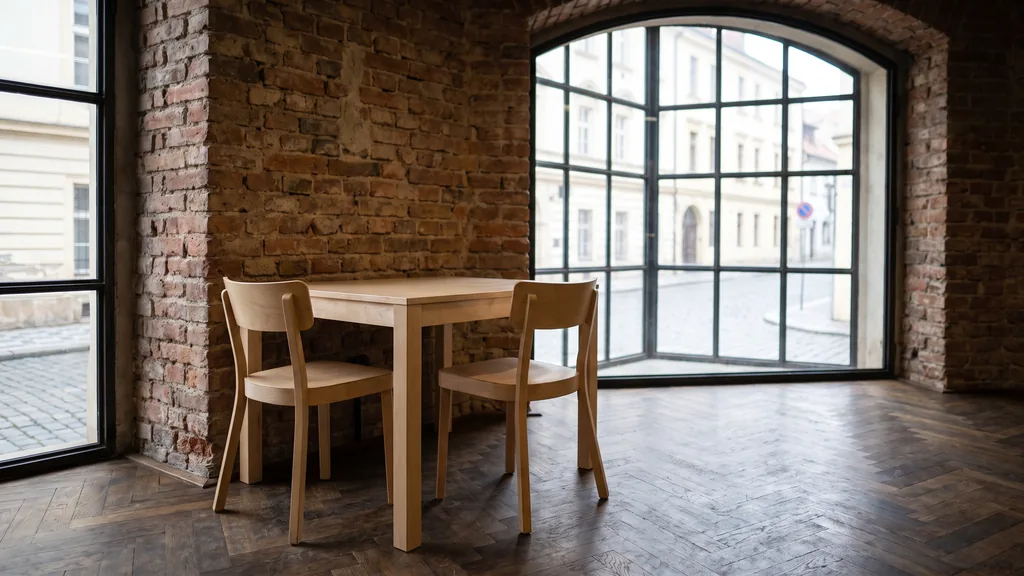 Editorial photograph of an empty meeting corner in a converted Prague Karlin factory building with an exposed brick wall, dark herringbone parquet, a tall arched steel window, a plain birch table and two empty chairs, no people and no signage
