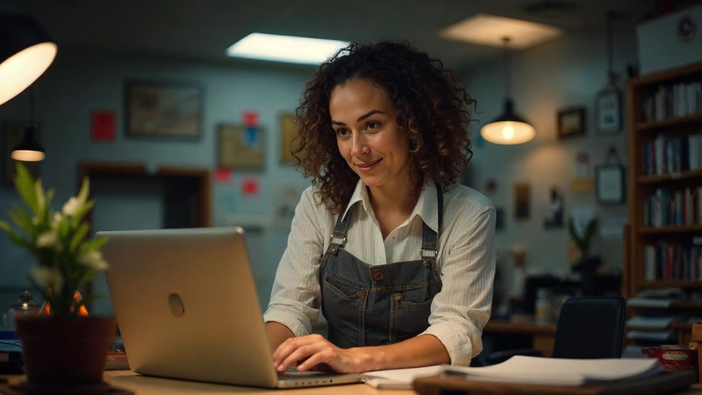 A small-business owner in an apron leaning over a laptop on a cluttered back-office desk late in the day, photographed in Kansas City
