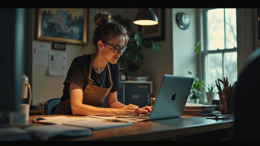 A small-business owner in an apron leaning over a laptop on a cluttered back-office desk late in the day, photographed in Kansas City