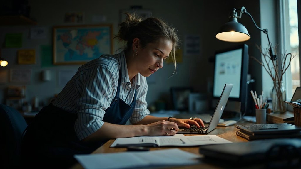 A small-business owner in an apron leaning over a laptop on a cluttered back-office desk late in the day, photographed in Kansas City