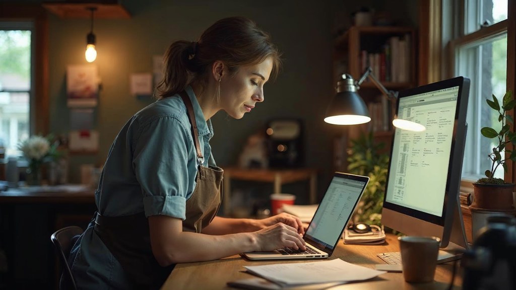 A small-business owner in an apron leaning over a laptop on a cluttered back-office desk late in the day, photographed in Kansas City