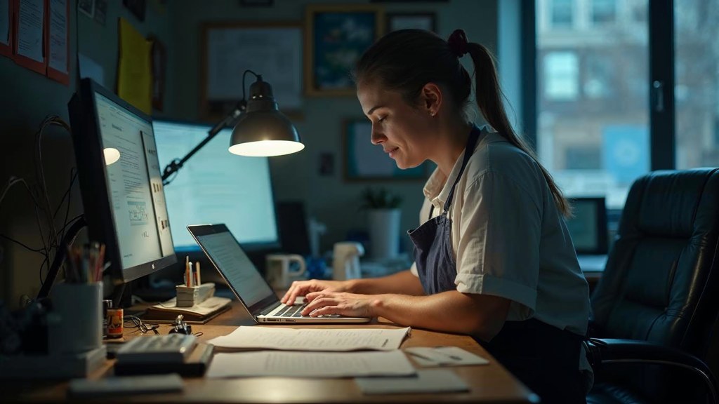 A small-business owner in an apron leaning over a laptop on a cluttered back-office desk late in the day, photographed in Kansas City