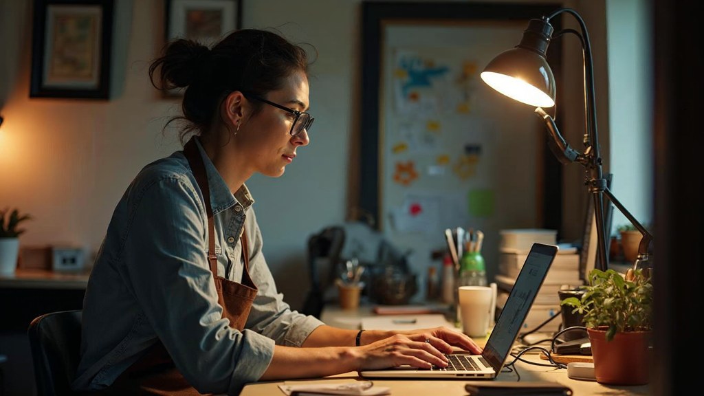 A small-business owner in an apron leaning over a laptop on a cluttered back-office desk late in the day, photographed in Kansas City