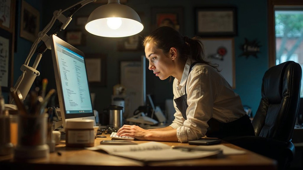 A small-business owner in an apron leaning over a laptop on a cluttered back-office desk late in the day, photographed in Kansas City