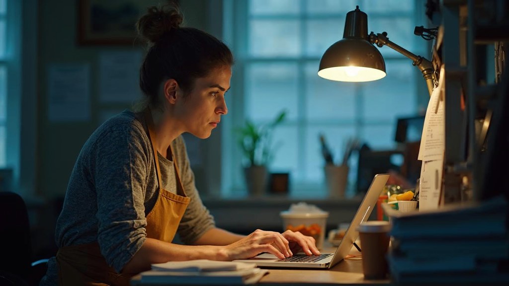 A small-business owner in an apron leaning over a laptop on a cluttered back-office desk late in the day, photographed in Kansas City