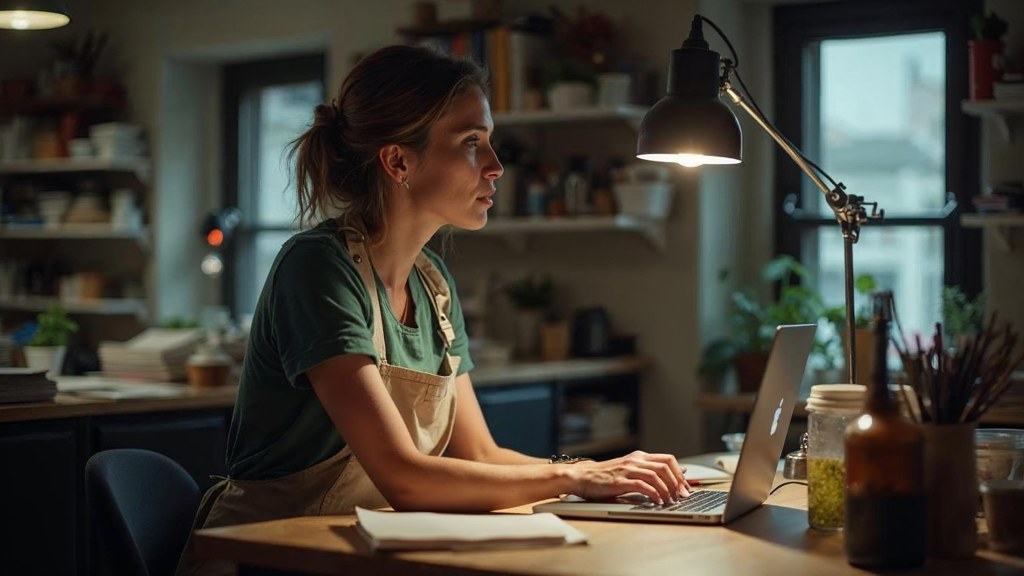 A small-business owner in an apron leaning over a laptop on a cluttered back-office desk late in the day, photographed in Kansas City