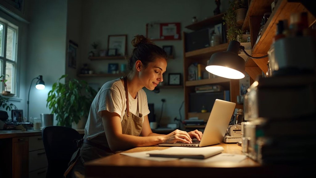 A small-business owner in an apron leaning over a laptop on a cluttered back-office desk late in the day, photographed in Kansas City