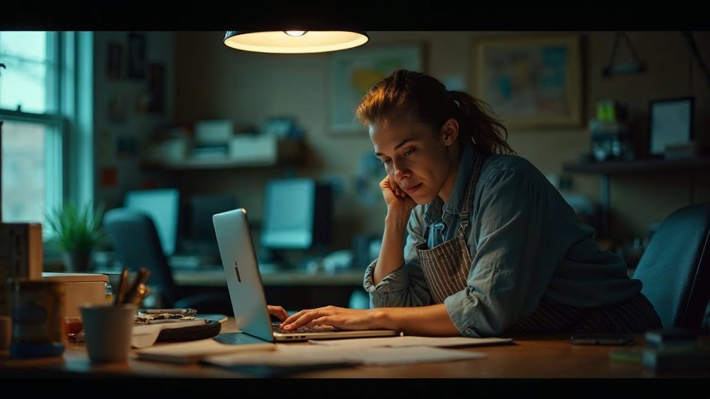 A small-business owner in an apron leaning over a laptop on a cluttered back-office desk late in the day, photographed in Kansas City