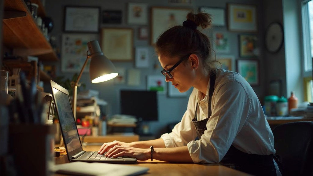 A small-business owner in an apron leaning over a laptop on a cluttered back-office desk late in the day, photographed in Kansas City