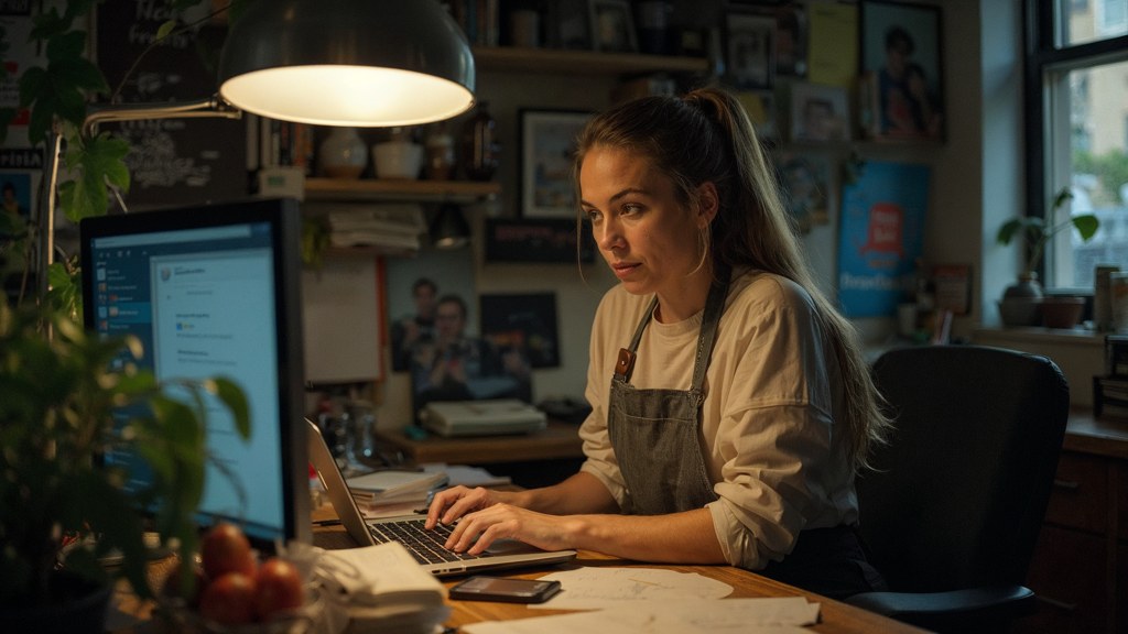 A small-business owner in an apron leaning over a laptop on a cluttered back-office desk late in the day, photographed in Kansas City