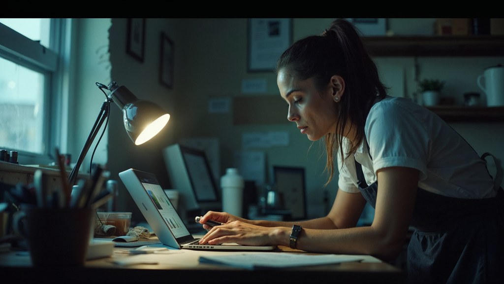 A small-business owner in an apron leaning over a laptop on a cluttered back-office desk late in the day, photographed in Kansas City
