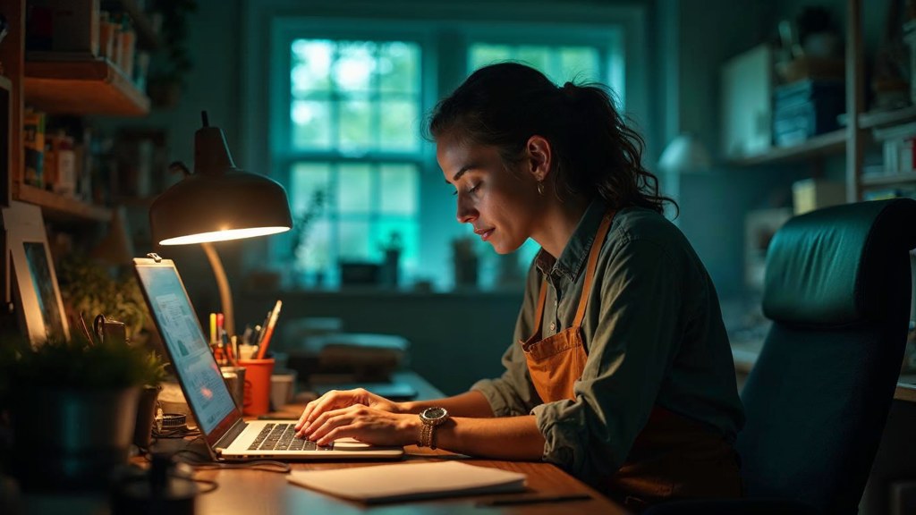 A small-business owner in an apron leaning over a laptop on a cluttered back-office desk late in the day, photographed in Kansas City