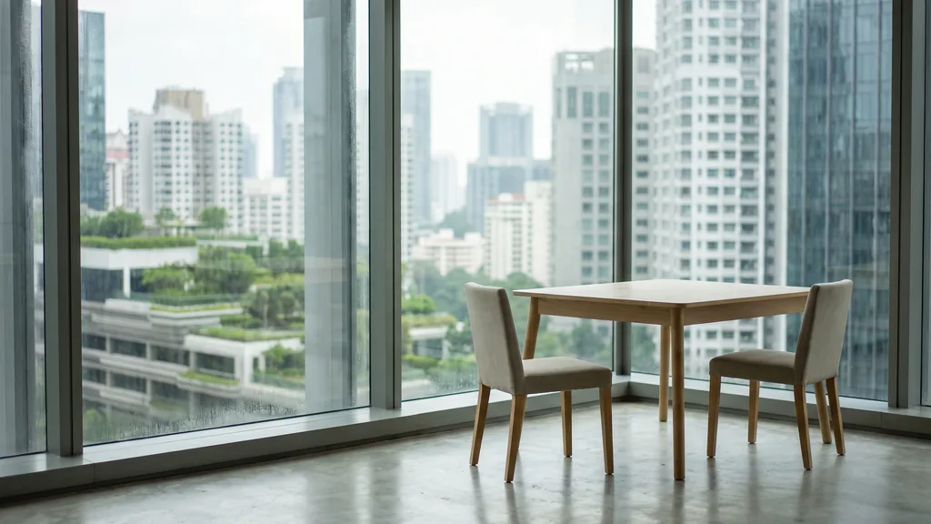 Editorial photograph of an empty meeting corner in a Singapore CBD tower office with polished concrete floor, floor-to-ceiling window over dense tropical high-rises, a plain light table and empty chairs, no people and no signage