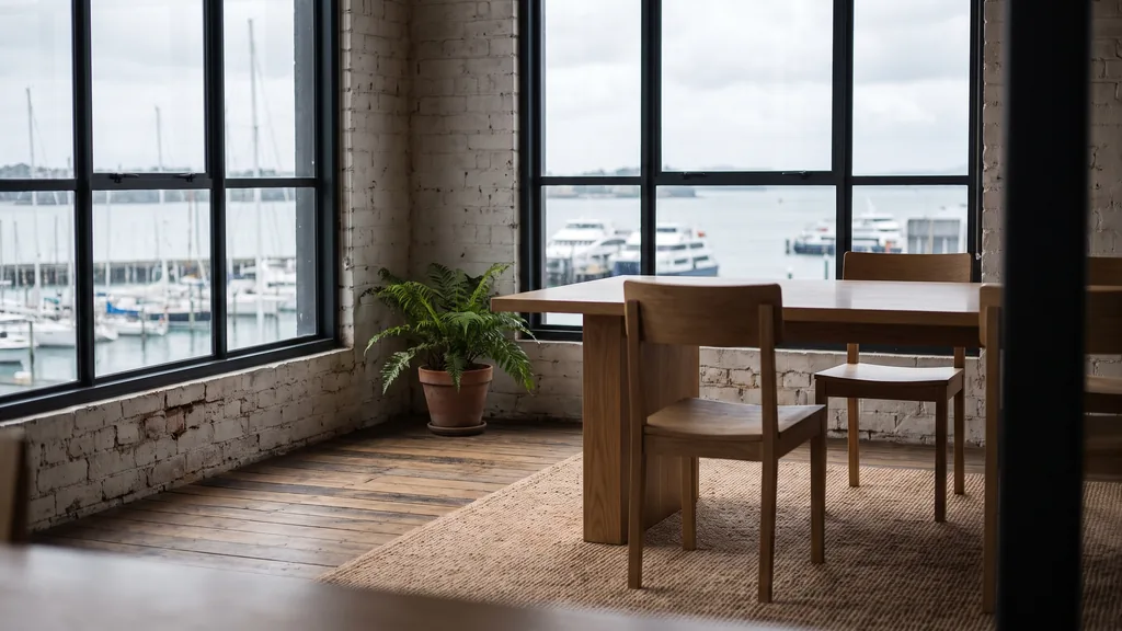 Editorial photograph of an empty workspace corner in an Auckland converted brick warehouse office with timber floorboards, a tall steel-framed window over the harbour, a plain oak table and empty chairs, no people and no signage