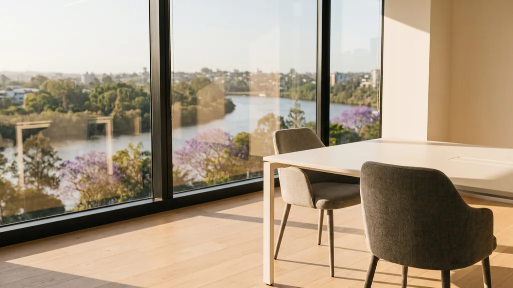 Editorial photograph of an empty meeting corner in a Brisbane mid-rise office with pale timber floor, a wide window over the river bend and jacaranda trees, a plain white table and empty chairs, no people and no signage