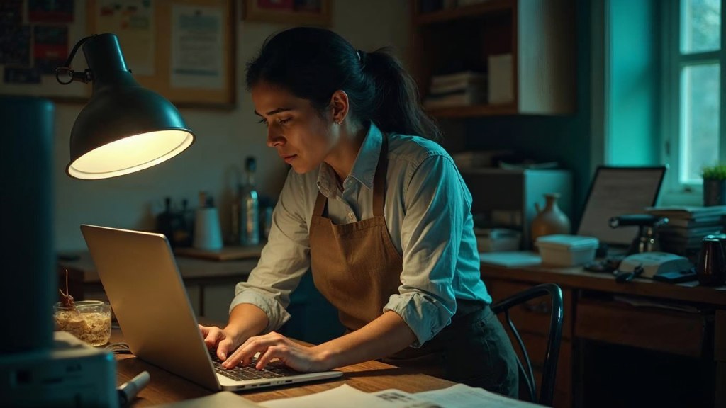 A small-business owner in an apron leaning over a laptop on a cluttered back-office desk late in the day, photographed in Kansas City