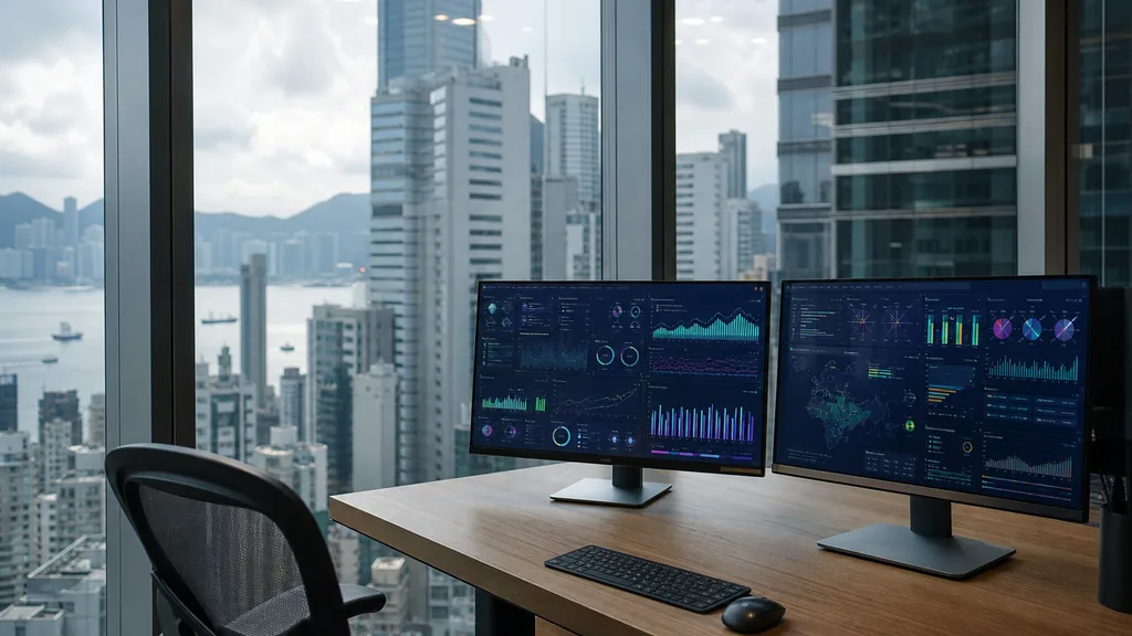 Editorial photograph of a Hong Kong Sheung Wan high-rise office, dense tower silhouettes and humid harbour light through floor-to-ceiling glass