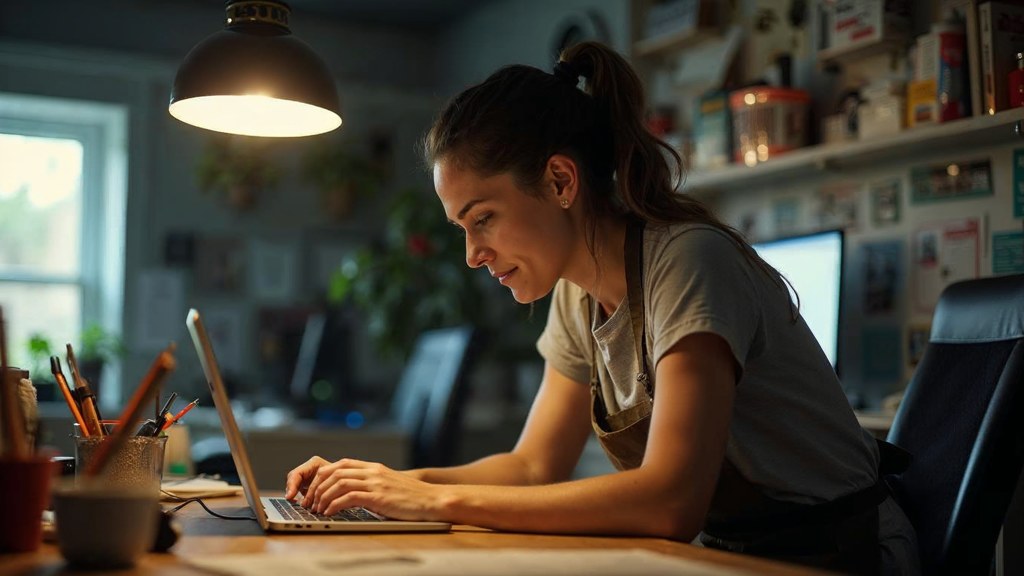 A small-business owner in an apron leaning over a laptop on a cluttered back-office desk late in the day, photographed in Kitchener