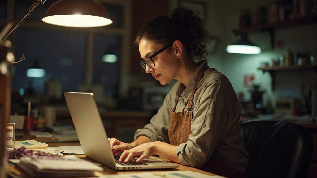 A small-business owner in an apron leaning over a laptop on a cluttered back-office desk late in the day, photographed in Kitchener