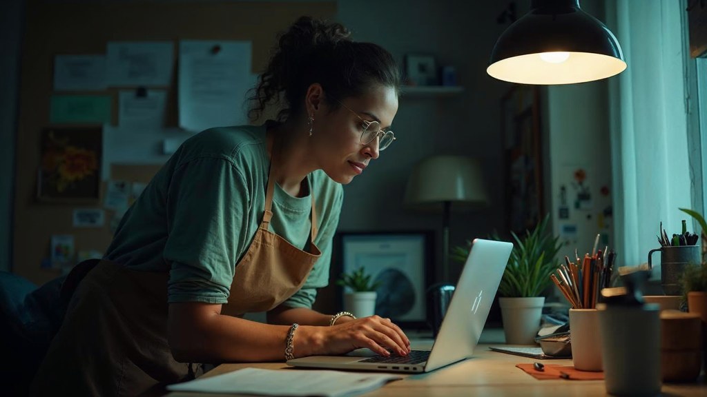 A small-business owner in an apron leaning over a laptop on a cluttered back-office desk late in the day, photographed in Kitchener