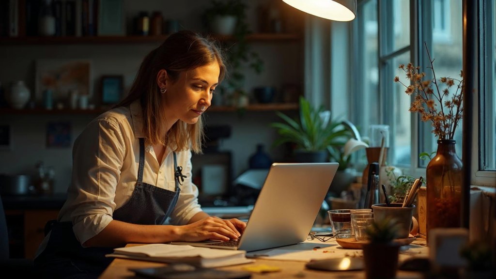 A small-business owner in an apron leaning over a laptop on a cluttered back-office desk late in the day, photographed in Kitchener