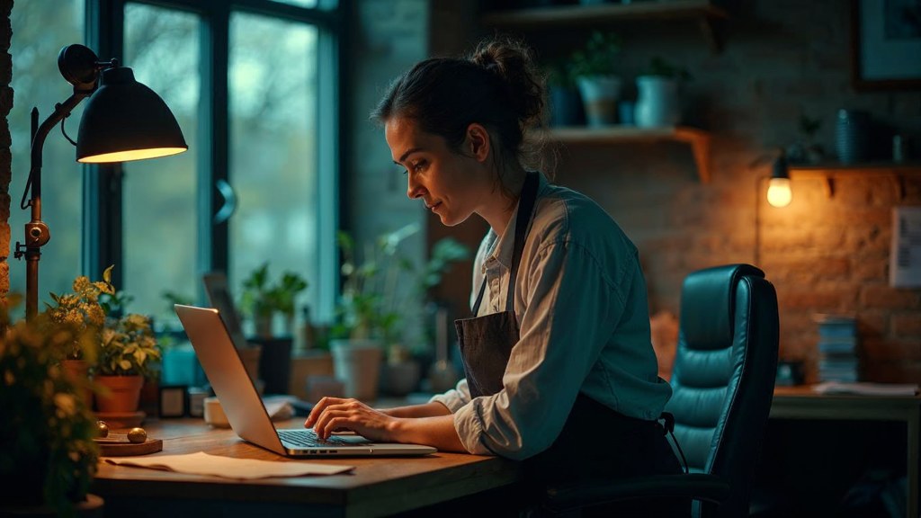 A small-business owner in an apron leaning over a laptop on a cluttered back-office desk late in the day, photographed in Kitchener