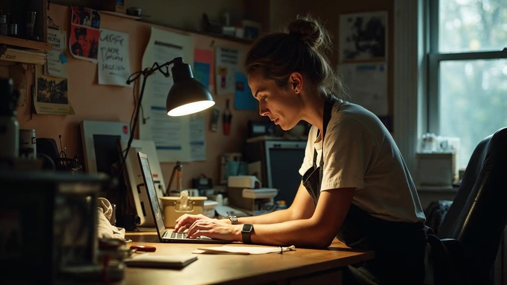 A small-business owner in an apron leaning over a laptop on a cluttered back-office desk late in the day, photographed in Kitchener