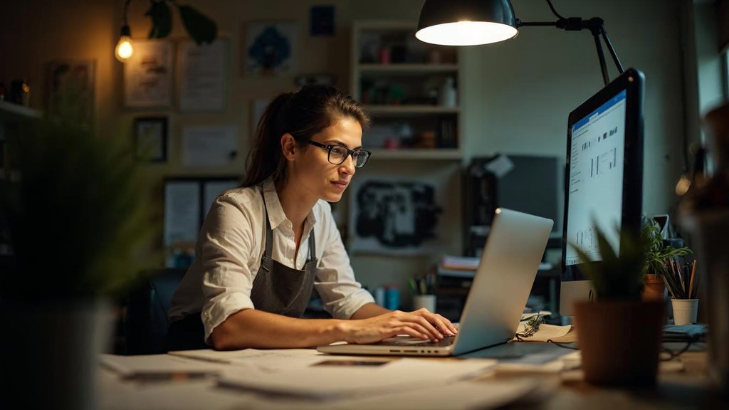 A small-business owner in an apron leaning over a laptop on a cluttered back-office desk late in the day, photographed in Kitchener