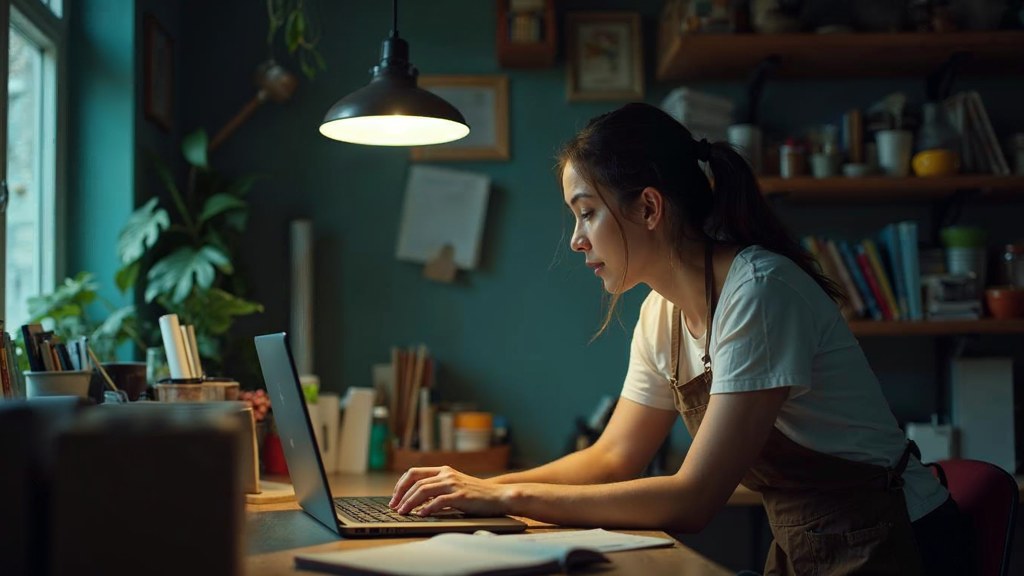 A small-business owner in an apron leaning over a laptop on a cluttered back-office desk late in the day, photographed in Kitchener