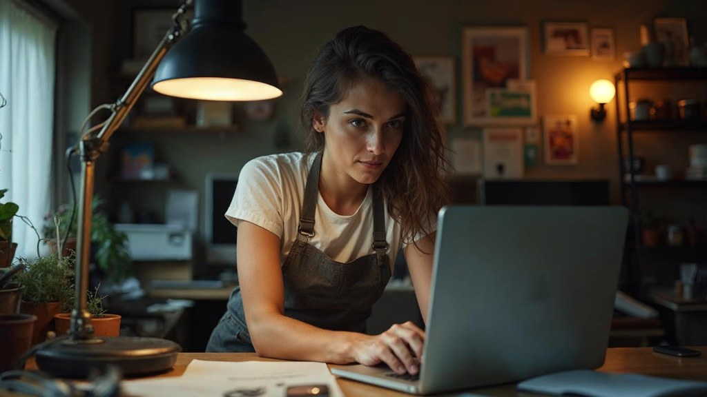 A small-business owner in an apron leaning over a laptop on a cluttered back-office desk late in the day, photographed in Kitchener
