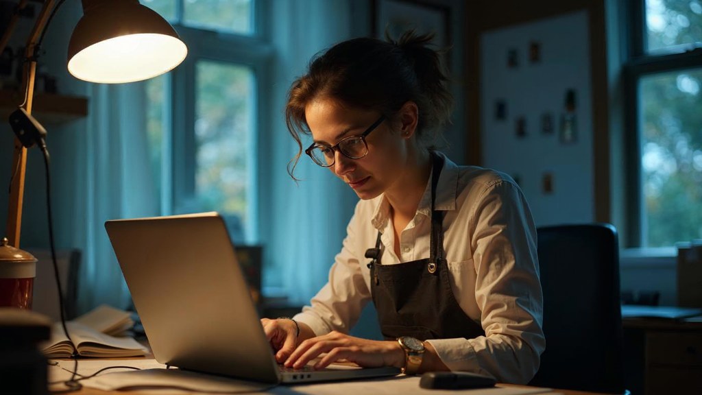 A small-business owner in an apron leaning over a laptop on a cluttered back-office desk late in the day, photographed in Kitchener