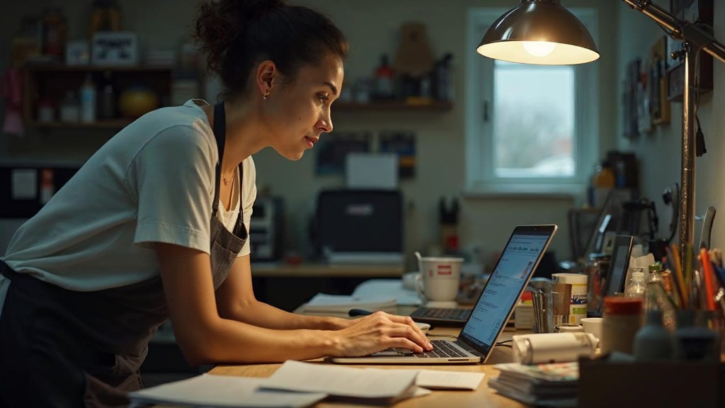 A small-business owner in an apron leaning over a laptop on a cluttered back-office desk late in the day, photographed in Kitchener
