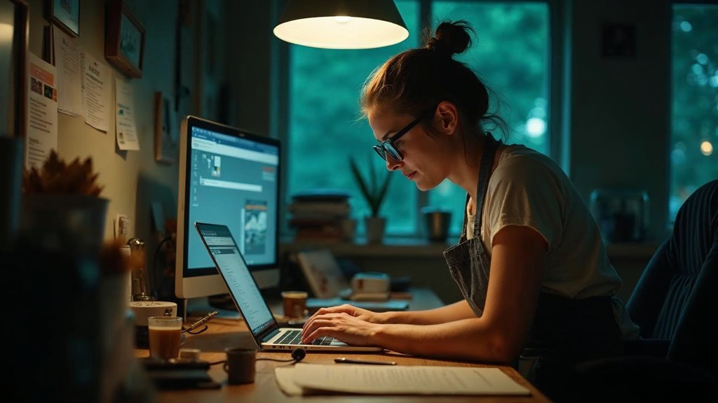 A small-business owner in an apron leaning over a laptop on a cluttered back-office desk late in the day, photographed in Kitchener