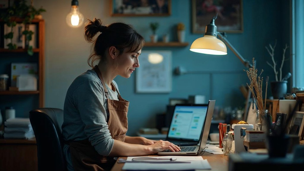 A small-business owner in an apron leaning over a laptop on a cluttered back-office desk late in the day, photographed in Kitchener
