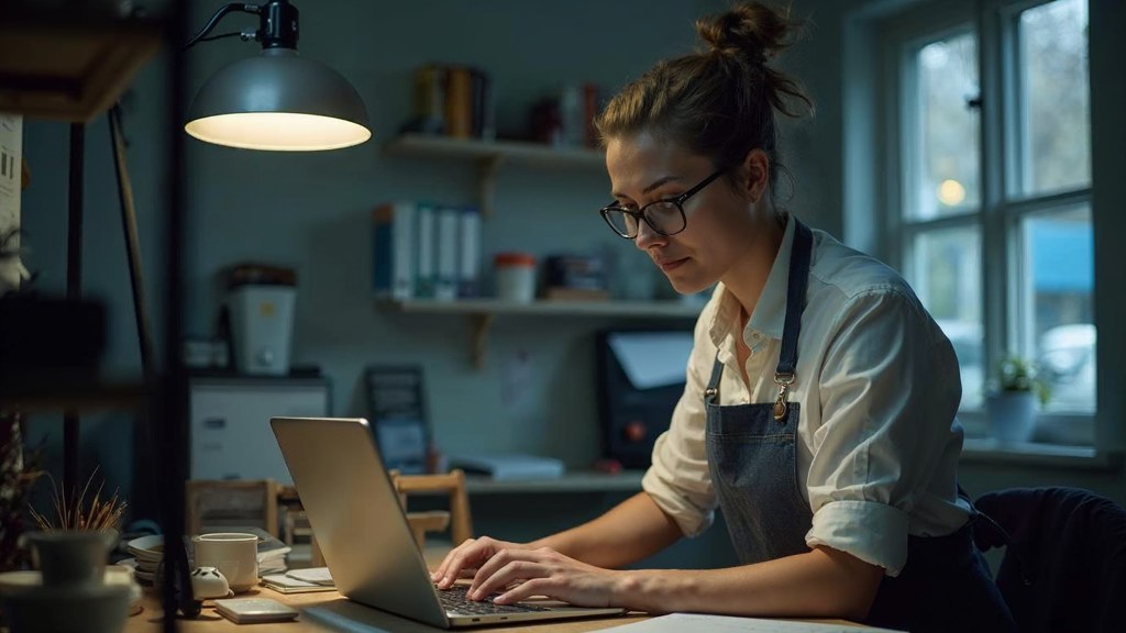A small-business owner in an apron leaning over a laptop on a cluttered back-office desk late in the day, photographed in Kitchener
