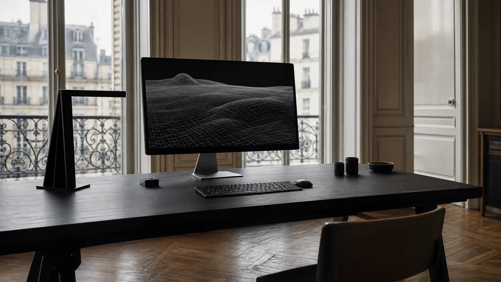 Editorial photograph of a Haussmannian Paris design studio with parquet floor, mouldings and soft grey window light