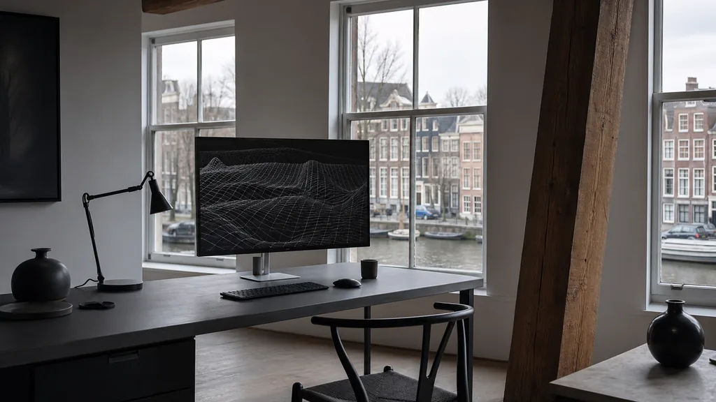 Editorial photograph of an Amsterdam canal-house design studio with exposed beams and cool flat light through tall sash windows