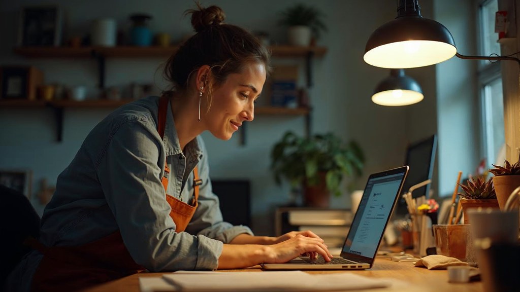 A small-business owner in an apron leaning over a laptop on a cluttered back-office desk late in the day, photographed in Kitchener