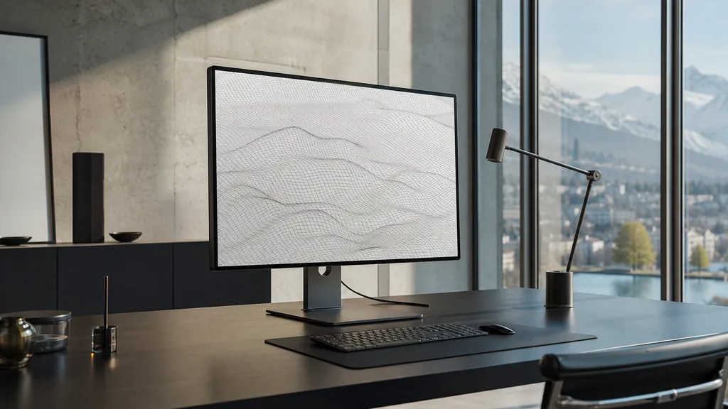 Editorial photograph of a Zurich design studio with concrete floor, minimal furniture and crisp alpine light