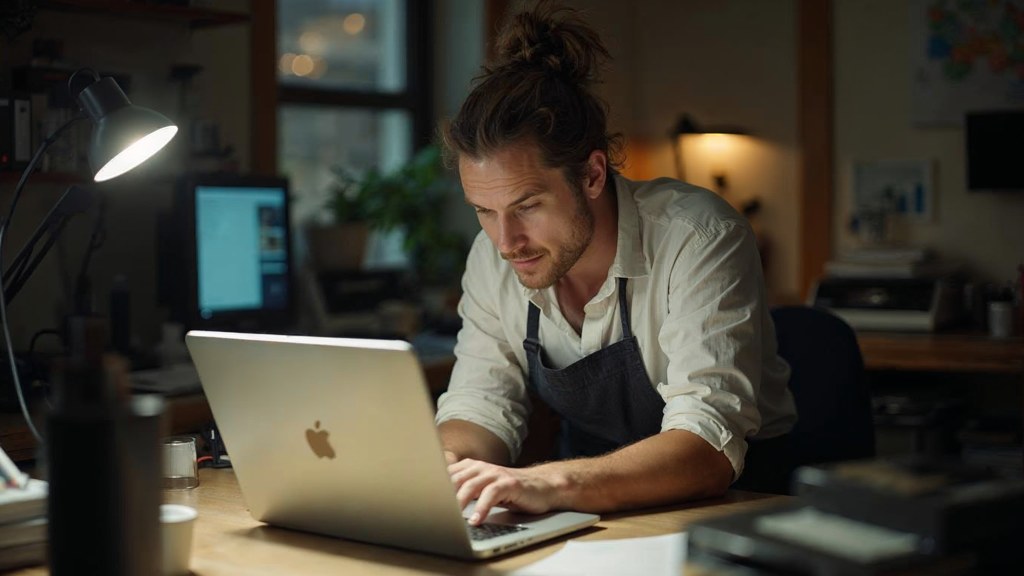 A small-business owner in an apron leaning over a laptop on a cluttered back-office desk late in the day, photographed in Las Vegas