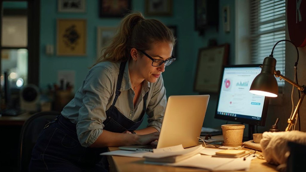 A small-business owner in an apron leaning over a laptop on a cluttered back-office desk late in the day, photographed in Las Vegas