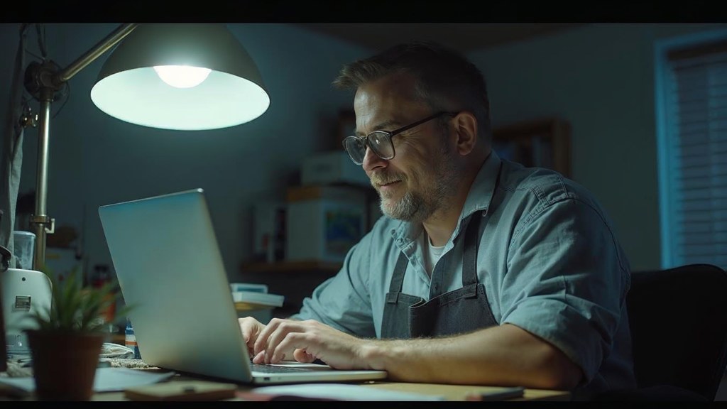 A small-business owner in an apron leaning over a laptop on a cluttered back-office desk late in the day, photographed in Las Vegas