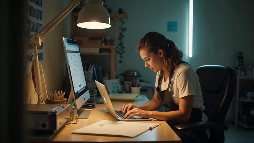A small-business owner in an apron leaning over a laptop on a cluttered back-office desk late in the day, photographed in Las Vegas