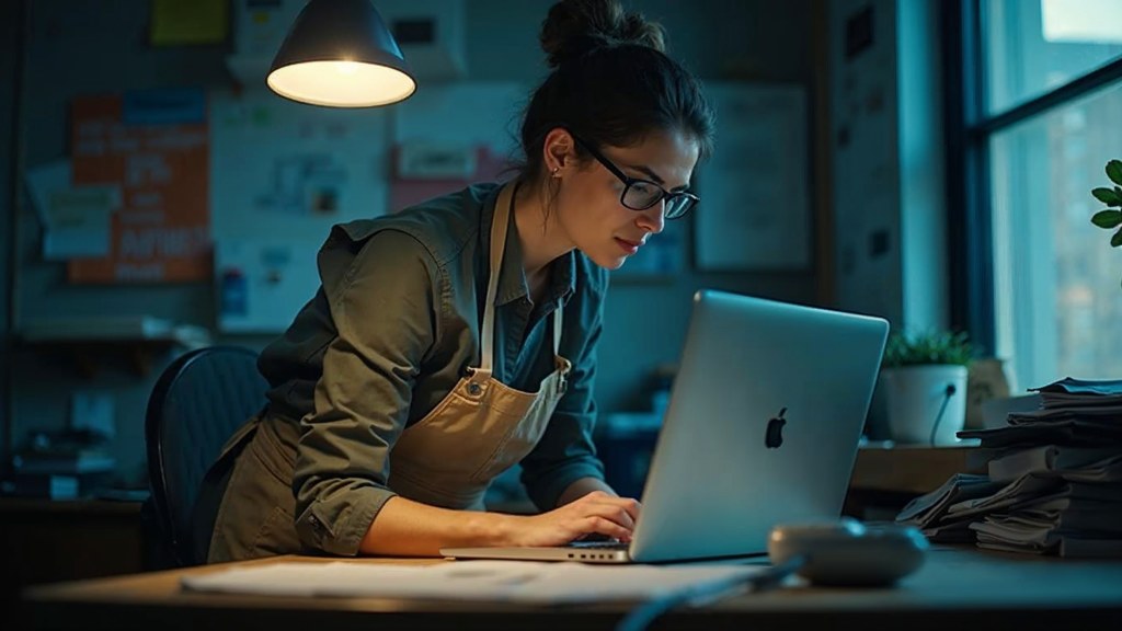 A small-business owner in an apron leaning over a laptop on a cluttered back-office desk late in the day, photographed in Las Vegas